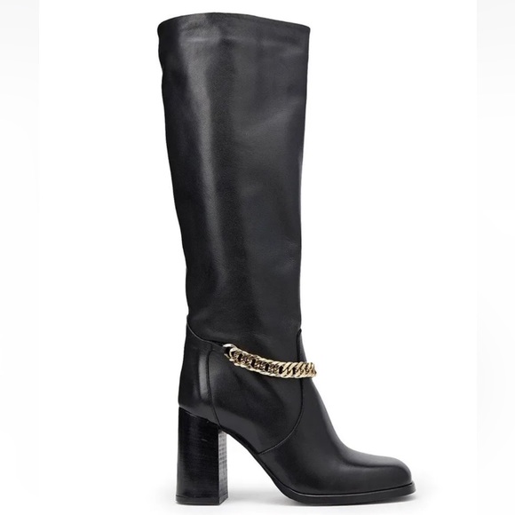 Gold chain Leather boots tall knee high boots with gold chain buckle EU 38